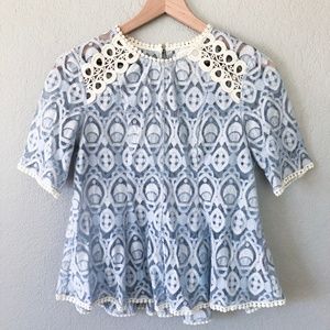 Anthro HD in Paris Blue Lace Applique Signa Blouse